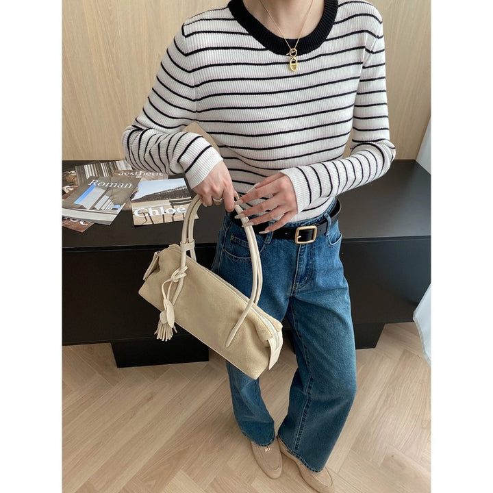 Damen gestreifter Pullover mit breitem Rundhalsausschnitt und feinem Rippstrick Drune