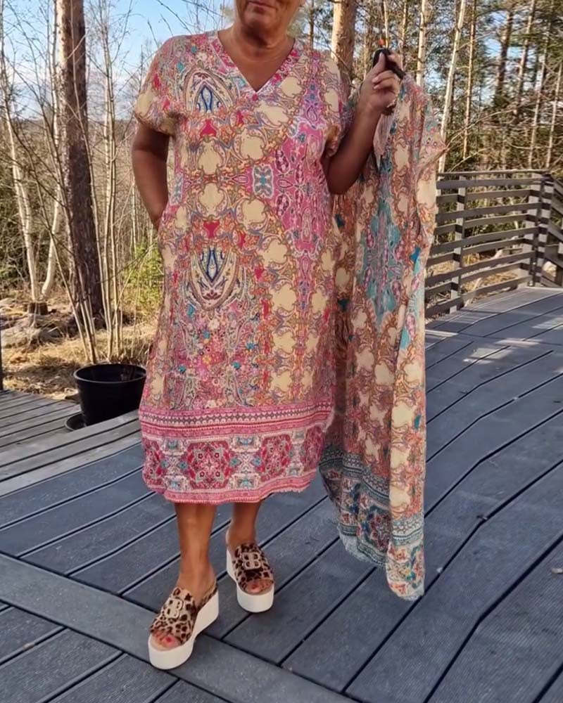 Damen nan luftiges V-Ausschnitt-Kleid im Paisley-Print mit Eingrifftaschen und passendem Pareo Drune