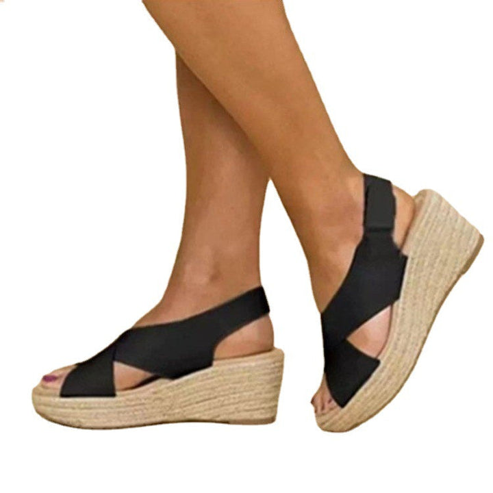 Damen Wedge-Sandalen mit Cross-Over-Riemen und juteumrandeter Sohle Drune