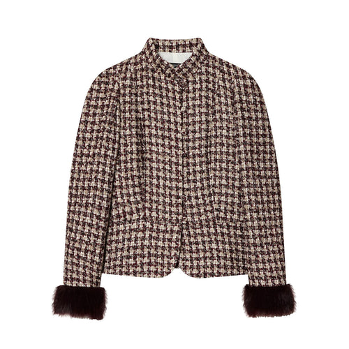 Damen nan kurz geschnittene Bouclé-Tweedjacke mit stehendem Kragen, verdeckter Knopfleiste und weichen Kunstfellmanschetten Drune