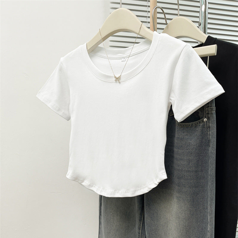 Damen Cropped Kurzarm Basic T-Shirt Drune