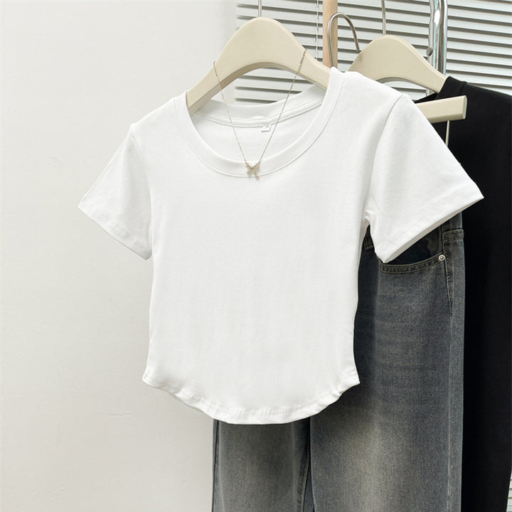 Damen Cropped Kurzarm Basic T-Shirt Drune