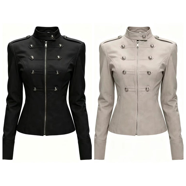 Damen Taillierte Military‑Inspired Jacke mit Stehkragen, Zierknopfreihe und Reißverschluss Drune