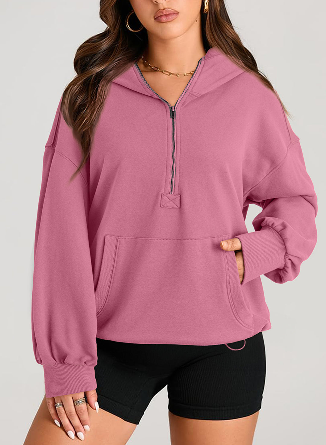 Damen Oversize-Halbzip-Hoodie mit Tunnelzug und Kängurutasche Drune
