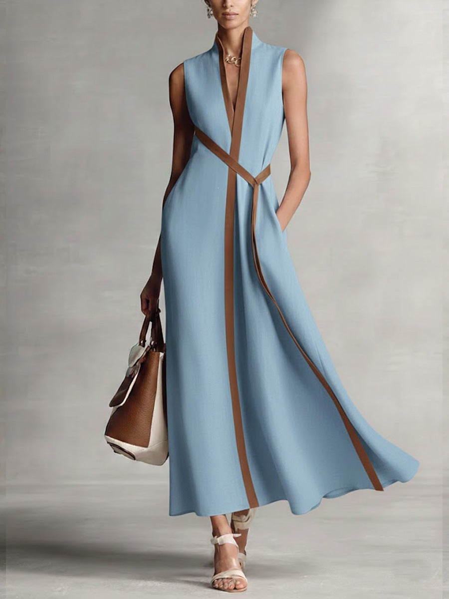 Damen elegantes Maxikleid mit Taillenschnitt und schmalem Gürtel Drune