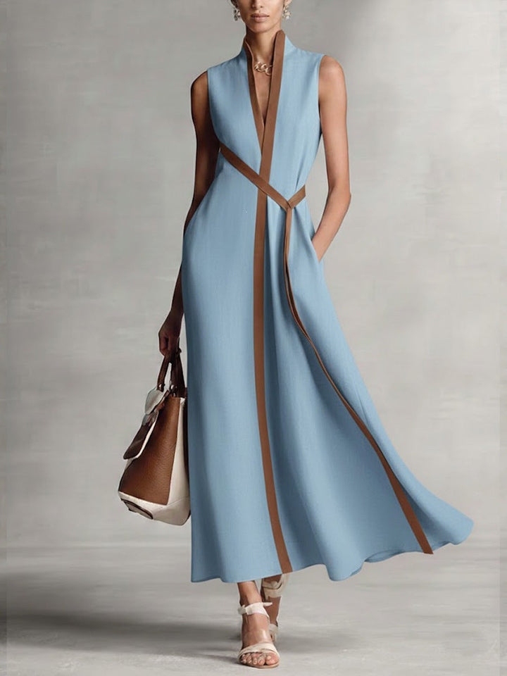 Damen elegantes Maxikleid mit Taillenschnitt und schmalem Gürtel Drune