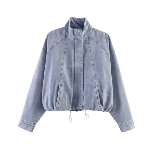 Damen Oversized Jeans-Bomberjacke mit Stehkragen und Tunnelzug Drune