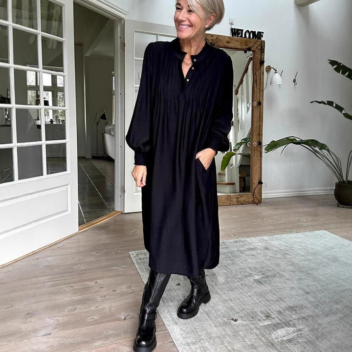 Damen nan lockeres Midikleid mit feiner Plissee-Optik, Stehkragen, kurzer Knopfleiste, gesmokten Manschetten und Eingrifftaschen Drune