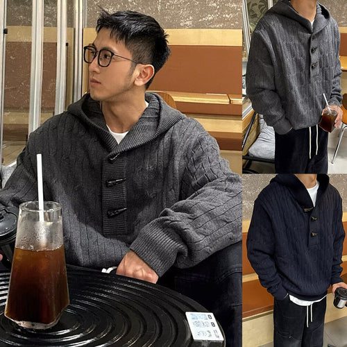 Herren Grobstrickpullover mit Kapuze und Knopfverschluss Drune