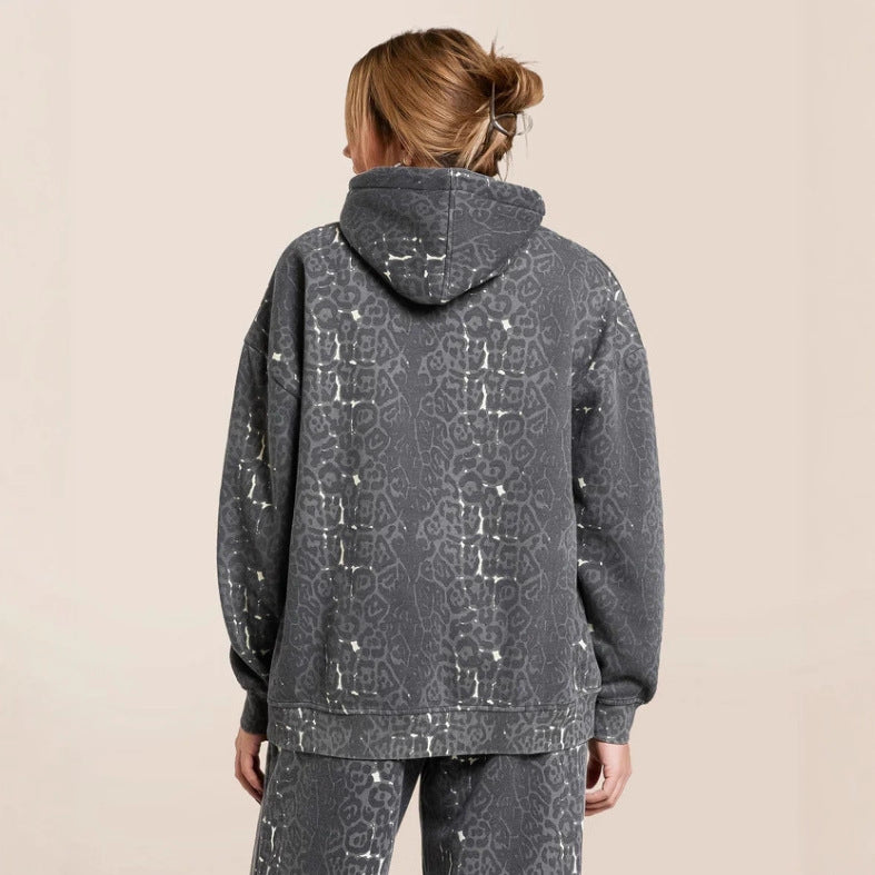 Damen nan zweiteiliges Freizeitset mit Oversize-Kapuzenpullover und weiter Komforthose aus angerautem Sweat mit Animal-Print Drune