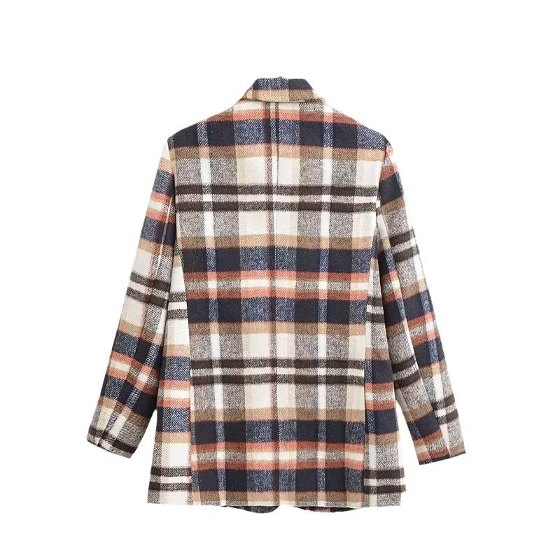 Damen Karierter Wollmix-Einreiher Blazer mit Reverskragen und Pattentaschen Drune