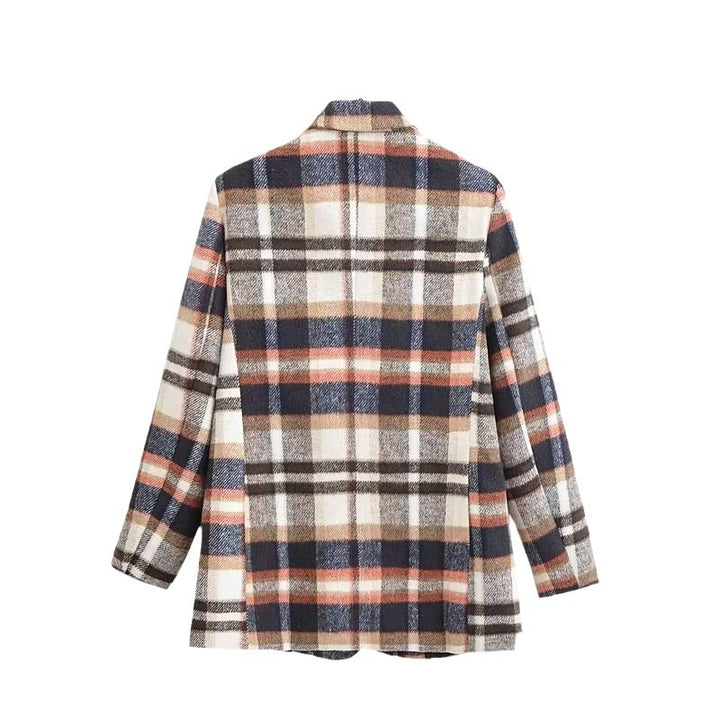 Damen Karierter Wollmix-Einreiher Blazer mit Reverskragen und Pattentaschen Drune