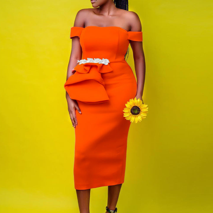 Damen Midi-Kleid mit asymmetrischen Trägern und floralen Details Drune