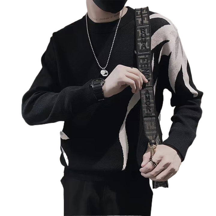 Herren Strickpullover mit abstraktem Flammen‑Jacquard und Rundhalsausschnitt Drune
