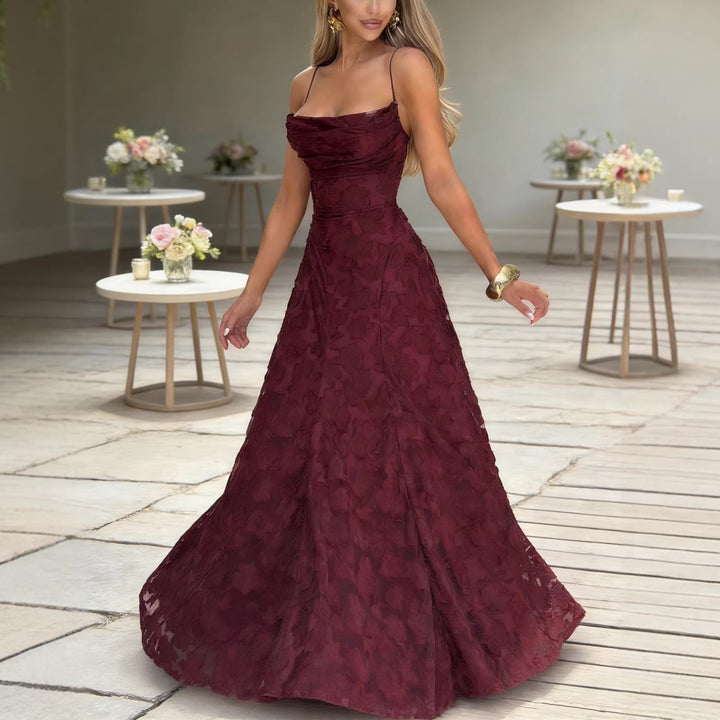 Damen Hochwertiges Maxikleid mit schimmerndem Blumenmuster und eleganten Spaghettiträgern Drune