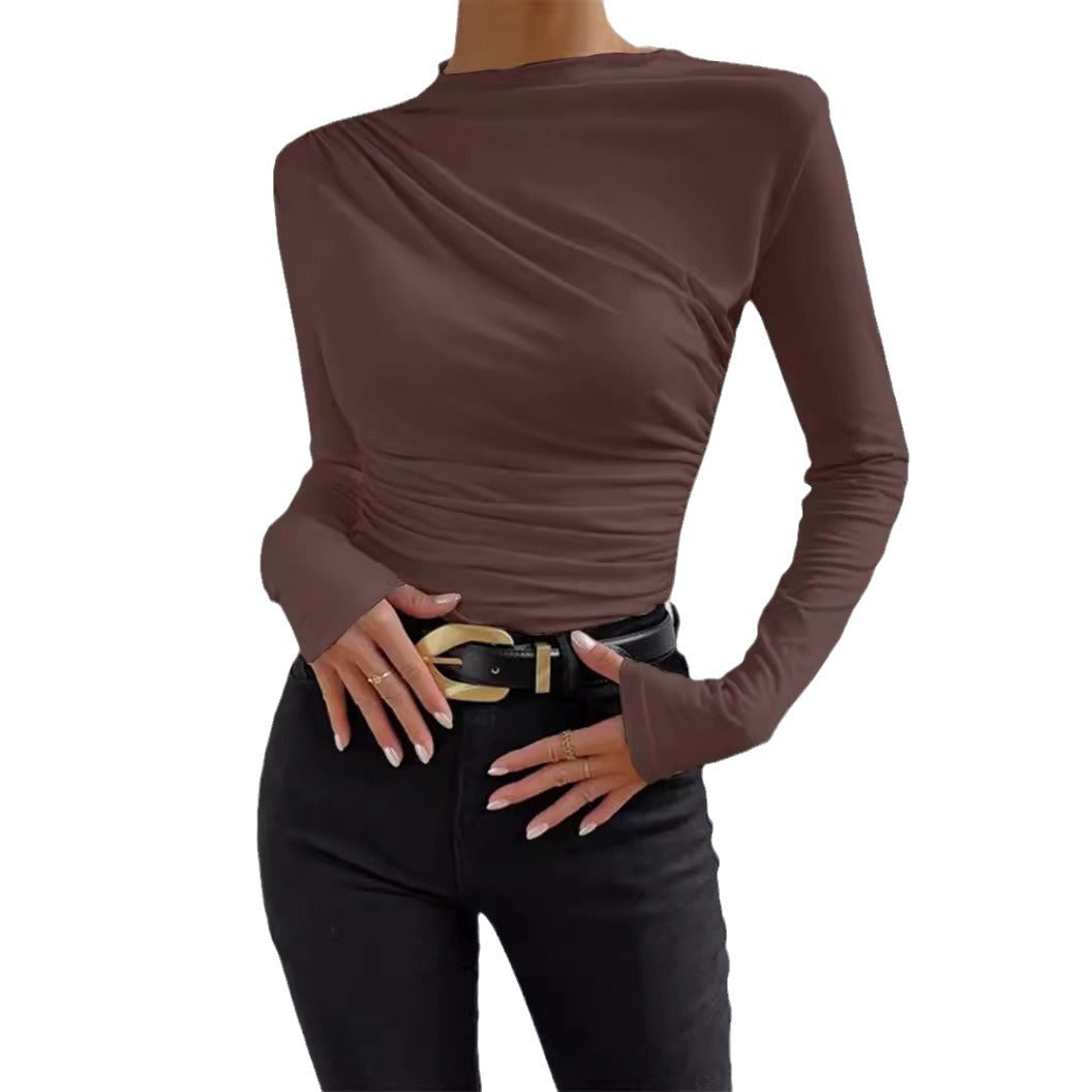 Damen nan figurbetontes Langarmshirt mit asymmetrischer Raffung am Vorderteil und U-Boot-Ausschnitt Drune