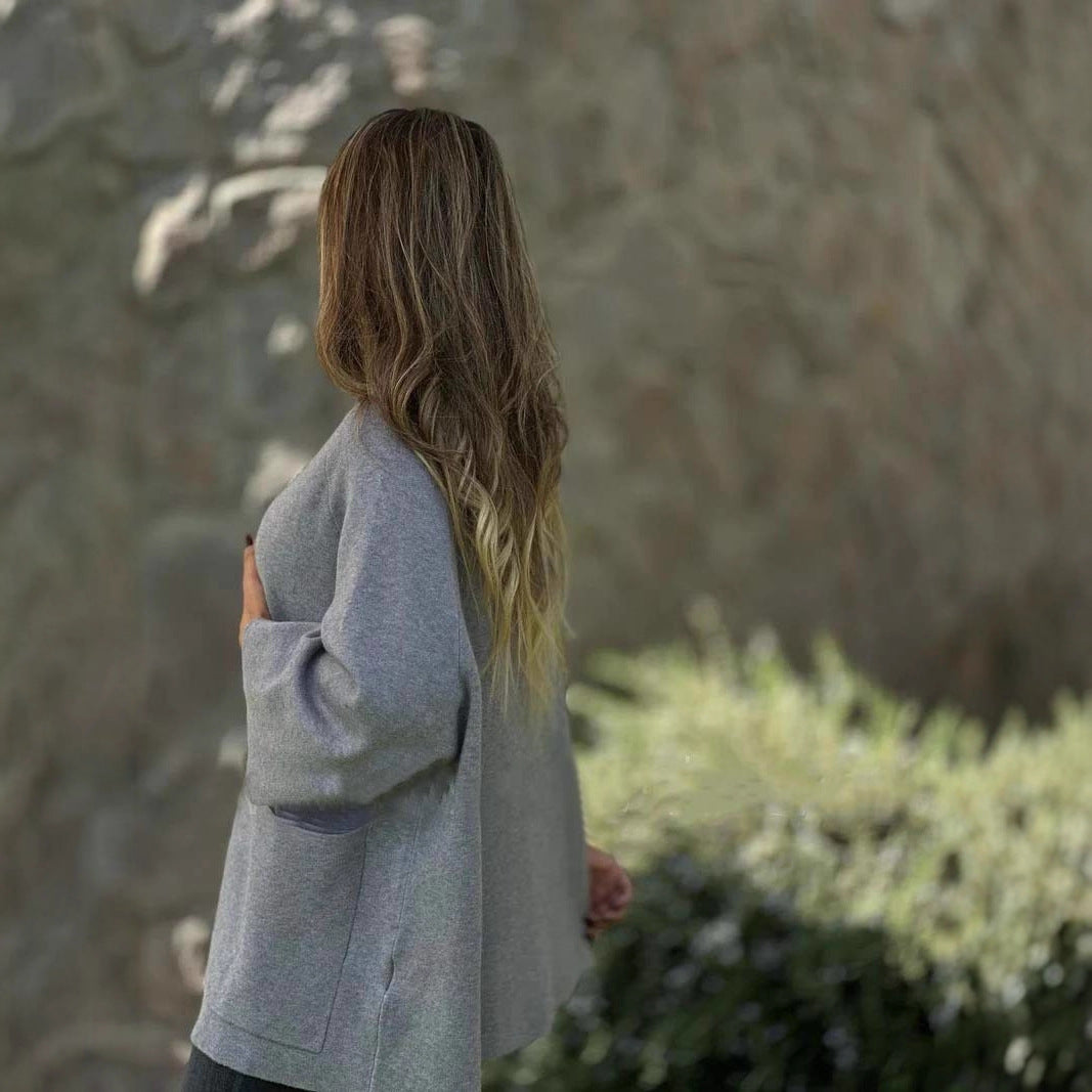 Damen Oversize Cape-Cardigan mit Stehkragen, aufgesetzten Taschen und Zierknöpfen Drune