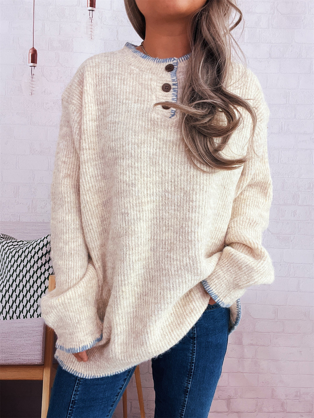 Damen lässiger Strickpullover mit klassischem Knopfdesign und übergroßem Schnitt Drune