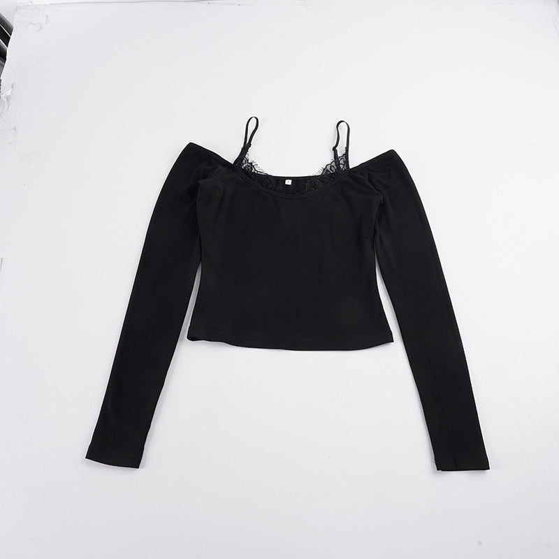 Damen Schulterfreies Langarm-Cami mit zarter Spitzen-Innenschicht und verstellbaren Spaghettiträgern Drune