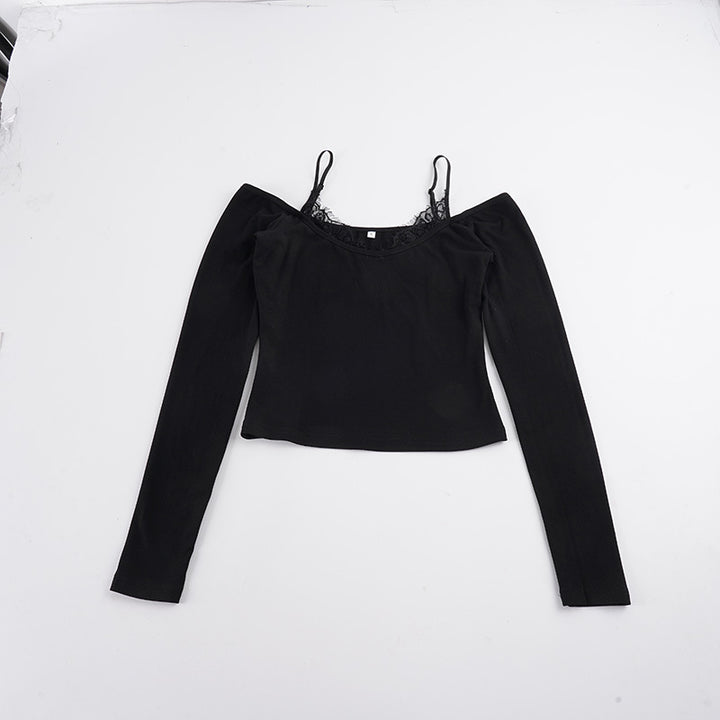 Damen Schulterfreies Langarm-Cami mit zarter Spitzen-Innenschicht und verstellbaren Spaghettiträgern Drune