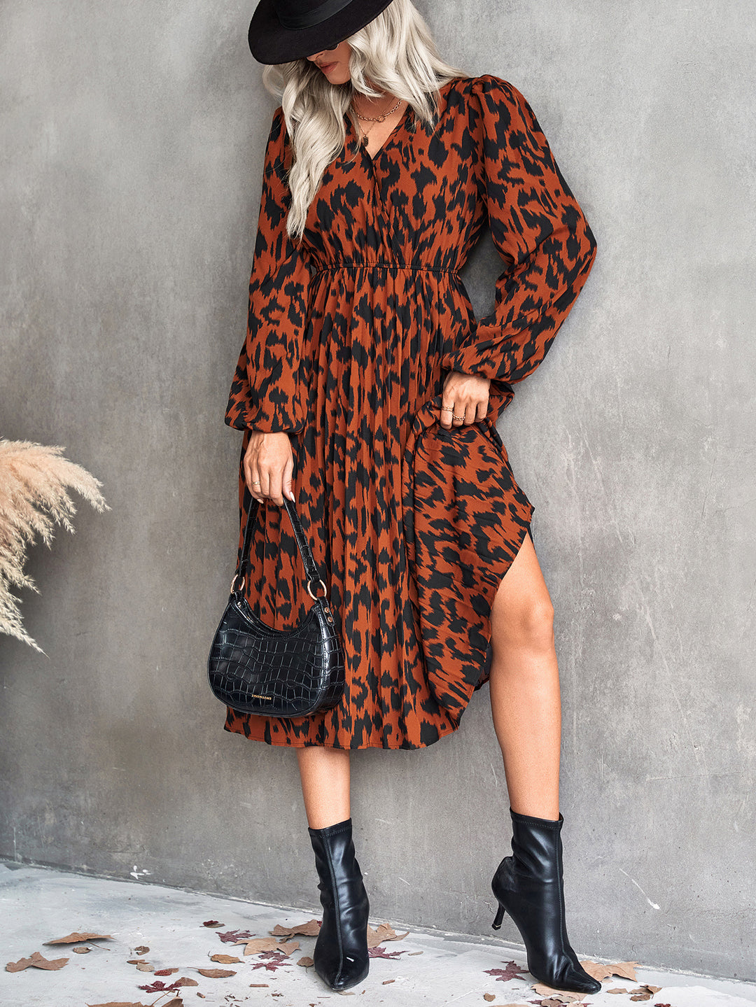 Damen Midi-Kleid mit elegantem V-Ausschnitt und voluminösen Ärmeln Drune