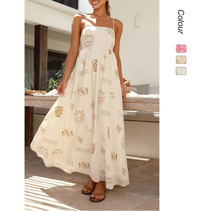 Damen Maxikleid mit gesmoktem Oberteil und verspieltem Grafikdesign Drune