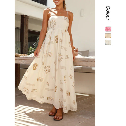 Damen Maxikleid mit gesmoktem Oberteil und verspieltem Grafikdesign Drune