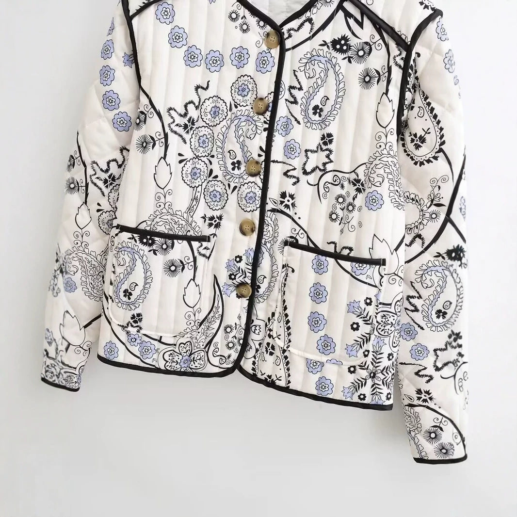 Damen Gesteppte Kurzjacke mit Paisley‑Blumenprint, Rundhalsausschnitt und Kontrastpaspel Drune