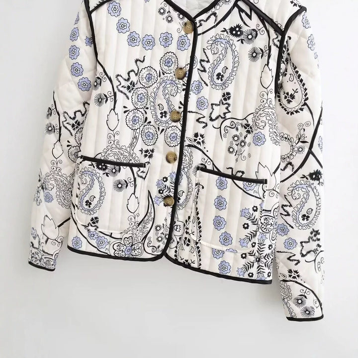 Damen Gesteppte Kurzjacke mit Paisley‑Blumenprint, Rundhalsausschnitt und Kontrastpaspel Drune