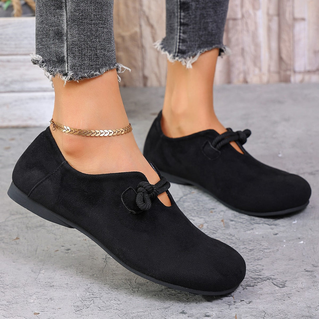 Damen  legere Ballerina Halbschuhe aus Veloursoptik mit dekorativer Knotenlasche und flexibler rutschfester Sohle Drune