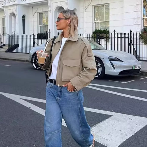 Damen nan kurze Utility-Blousonjacke mit aufgesetzten Klappentaschen und Epauletten Drune