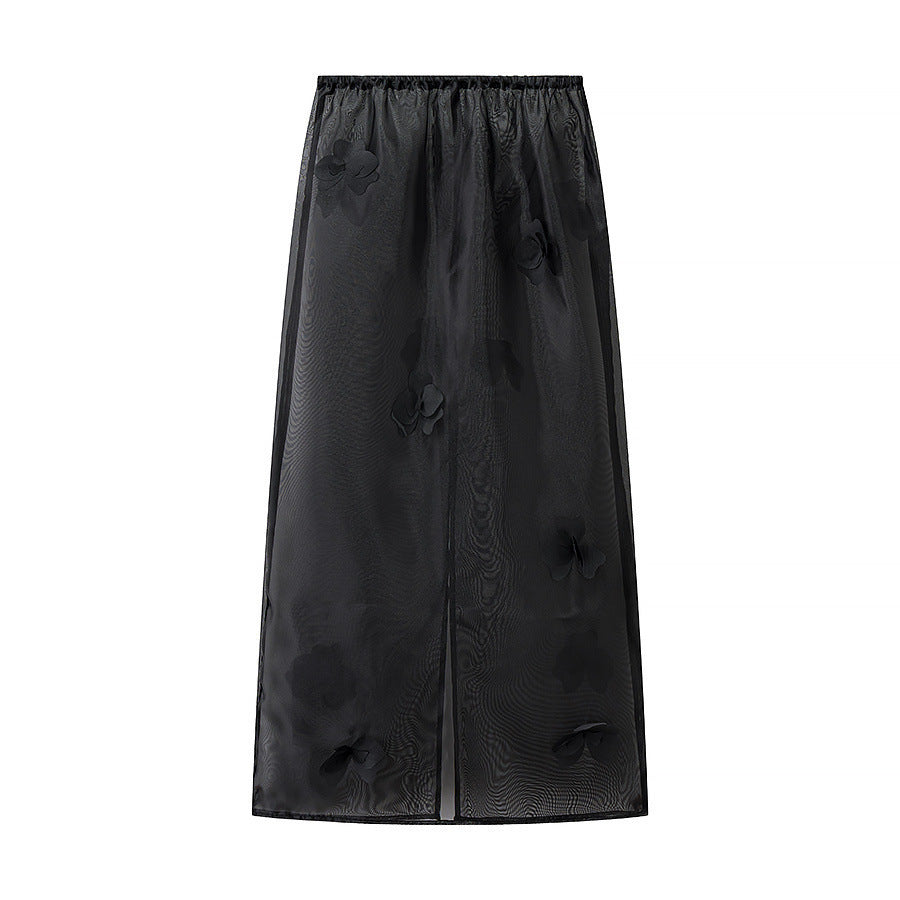 Damen Transparenter Organza-Unterrock mit elastischem Bund und 3D‑Blütenapplikation Drune