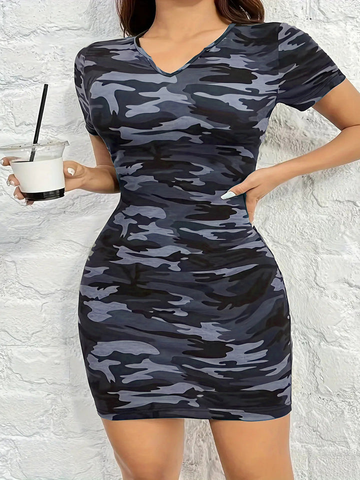 Damen figurbetontes camouflagemuster Kleid mit Kurzarm und V-Ausschnitt Drune