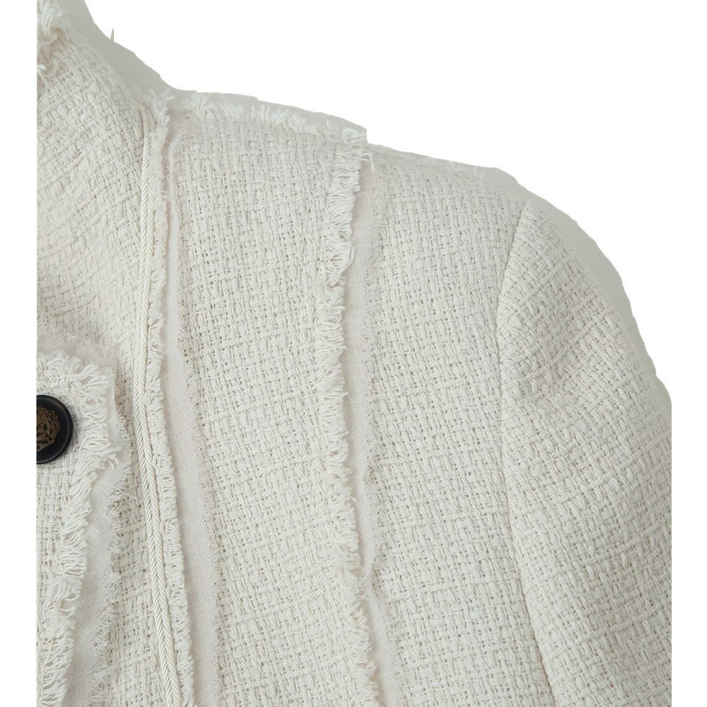 Damen Bouclé-Blazer mit Stehkragen, asymmetrischem Verschluss und fransigem Saum Drune