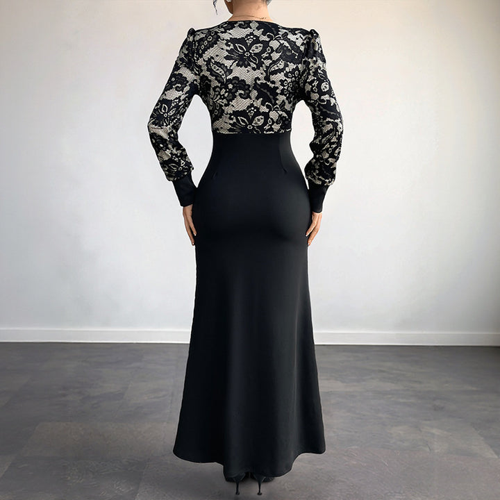 Damen Figurbetontes Maxikleid mit Spitzenoberteil, V‑Ausschnitt und Zierknopfleiste Drune