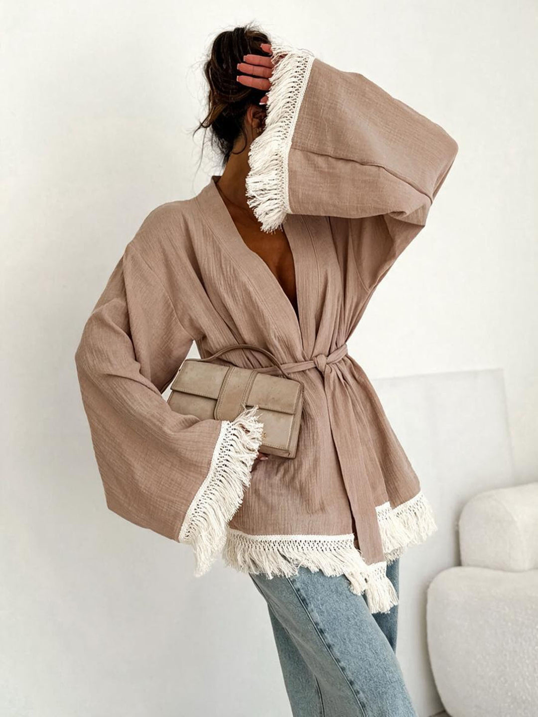 Damen Fransen-Kimono-Jacke aus Leinenoptik mit Taillengürtel Drune