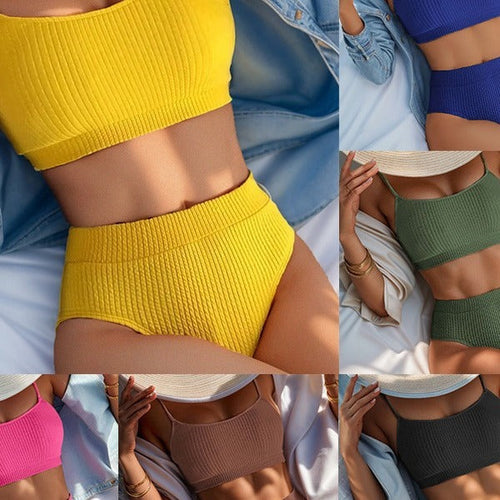 Damen Hochtaillierter Bikini mit floralem Akzent und sportlichem Oberteil Drune