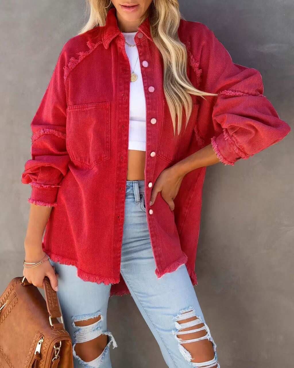 Damen Lässige Denim-Übergangsjacke im Vintage-Stil mit fransigen Details Drune
