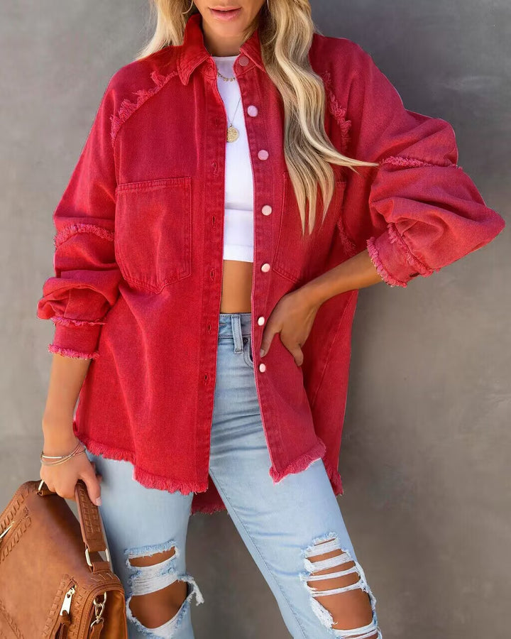 Damen Lässige Denim-Übergangsjacke im Vintage-Stil mit fransigen Details Drune