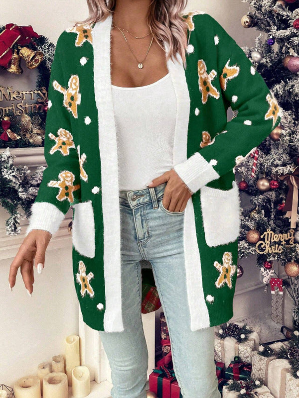 Damen Weihnachts-Cardigan mit festlichem Ingwerbread-Motiv und praktischen Taschen Drune