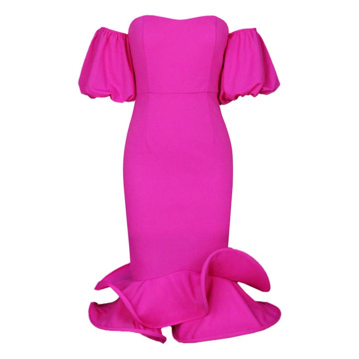 Damen Figurbetontes Abendkleid mit voluminösen Puffärmeln und Rüschenabschluss Drune