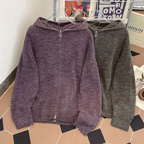 Damen weicher Strickpullover mit durchgehendem Reißverschluss und Kapuze Drune
