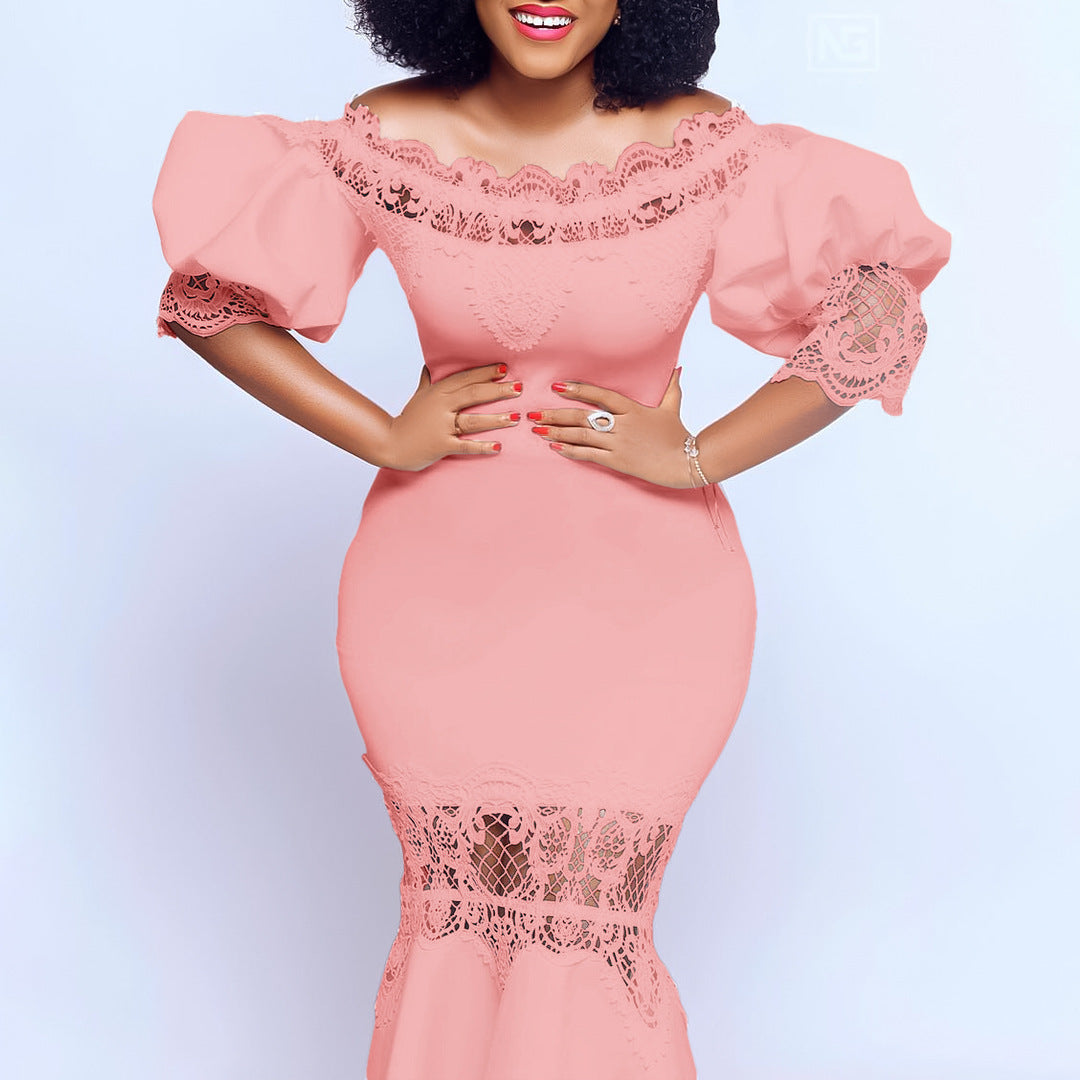 Damen Bodycon Kleid mit Spitzenapplikationen und voluminösen Ärmeln Drune