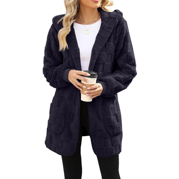 Damen nan kuschelige Kapuzen-Longjacke aus Teddyfleece mit aufgesetzten Taschen und strukturierter Karooptik Drune