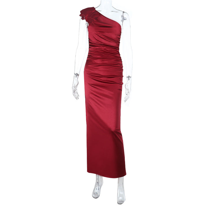 Damen Elegantes One-Shoulder Kleid mit Drapierungen Drune