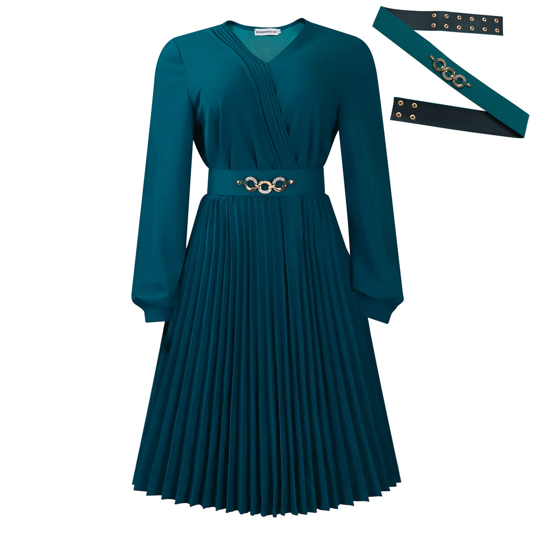 Damen Plissee Kleid mit festlichem Taillengürtel und elegantem V-Ausschnitt Drune