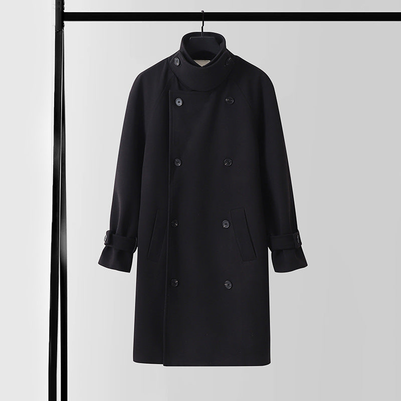 Herren Dramatisch geschnittener Doppelreihiger Wollmix-Longcoat mit Kragenlaschen und Bindegürtel Drune