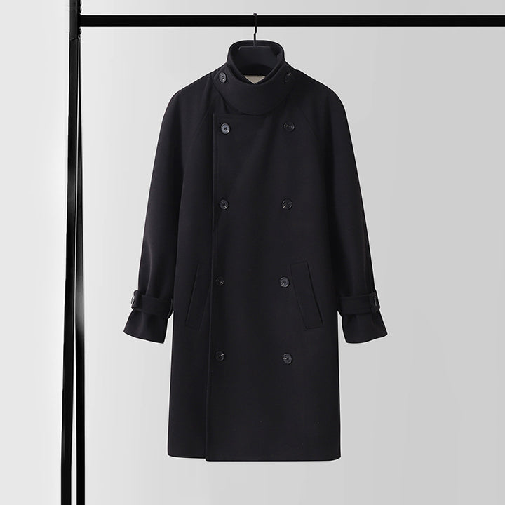 Herren Dramatisch geschnittener Doppelreihiger Wollmix-Longcoat mit Kragenlaschen und Bindegürtel Drune