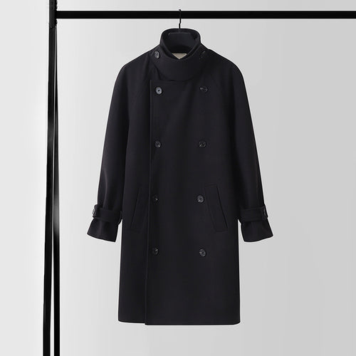 Herren Dramatisch geschnittener Doppelreihiger Wollmix-Longcoat mit Kragenlaschen und Bindegürtel Drune