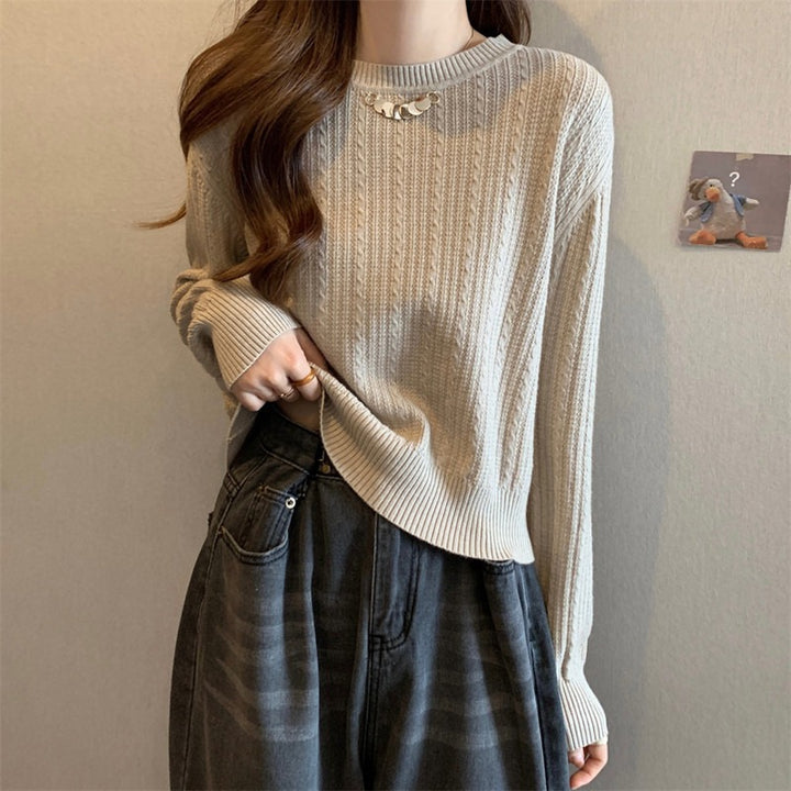 Damen lockerer Strickpullover mit feiner Rippstruktur und eleganter Kragenverzierung Drune